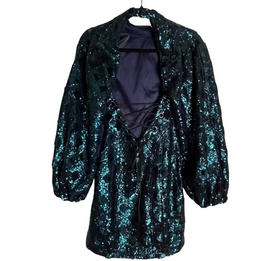 Free People Teal Sequined Chantes Holiday Backless Blouson Sleeves Dress Size 2